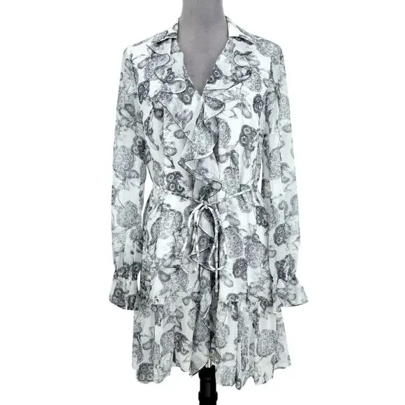 Ted Baker 2 Dress Womens 6 White Black Floral Ruffles Chiffon Tie Waist Lined - Picture 1 of 16